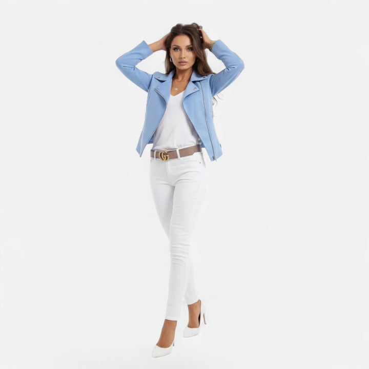 Women's zip jacket with modern lapel, styled for autumn