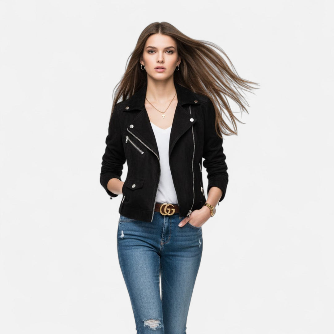 Back view of a women's versatile spring fashion zip jacket