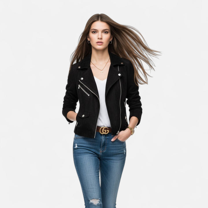 Back view of a women's versatile spring fashion zip jacket