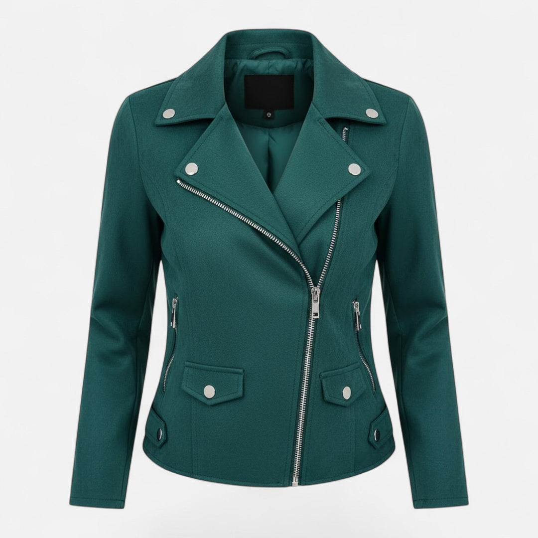 Model styling a women's chic zip jacket over a casual outfit