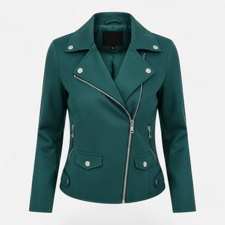 Model styling a women's chic zip jacket over a casual outfit