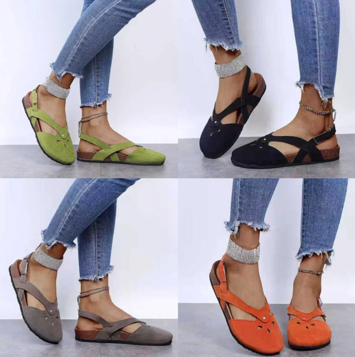 Elegant women's slingback sandals, closed toe, with delicate floral cut-out details, great for summer comfort.