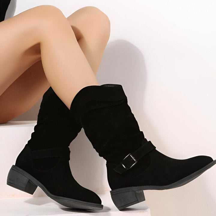 Comfortable wide calf women's slouchy knee-high boots with block heel, versatile for winter & autumn outfits.