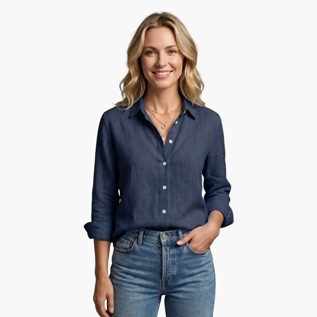 Effortless women's slubbed long sleeve blouse, relaxed fit collared top.
