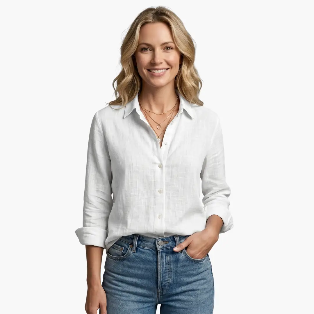 Comfortable women's slubbed long sleeve blouse, versatile button-up for any occasion.