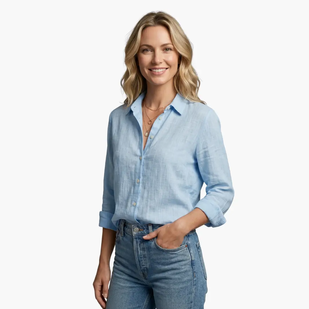 Collared button-up slubbed blouse for women, versatile long sleeve top.