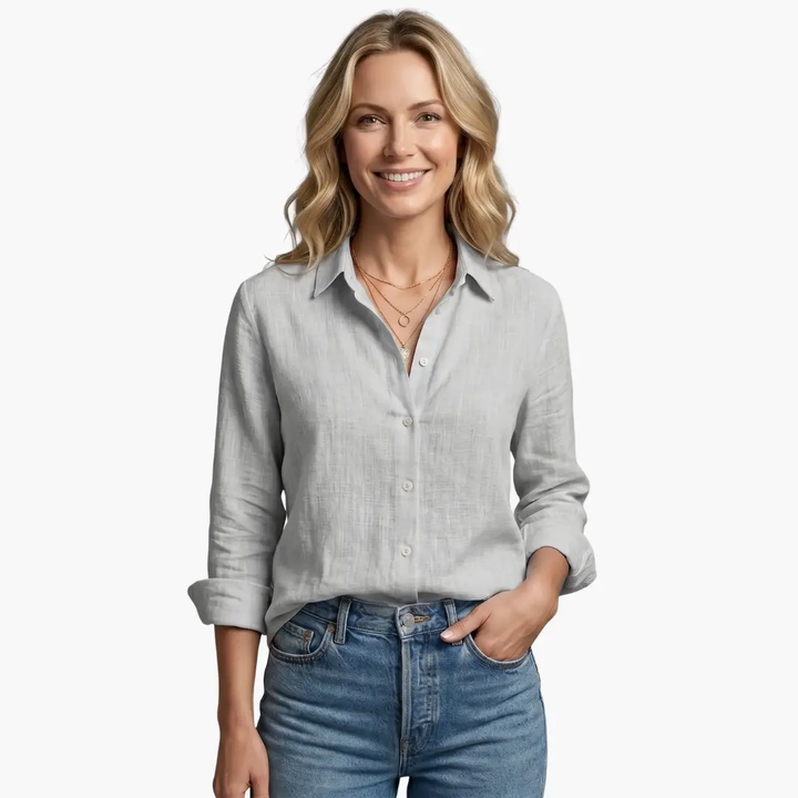 Comfortable women's slubbed long sleeve blouse, relaxed fit & effortless style.
