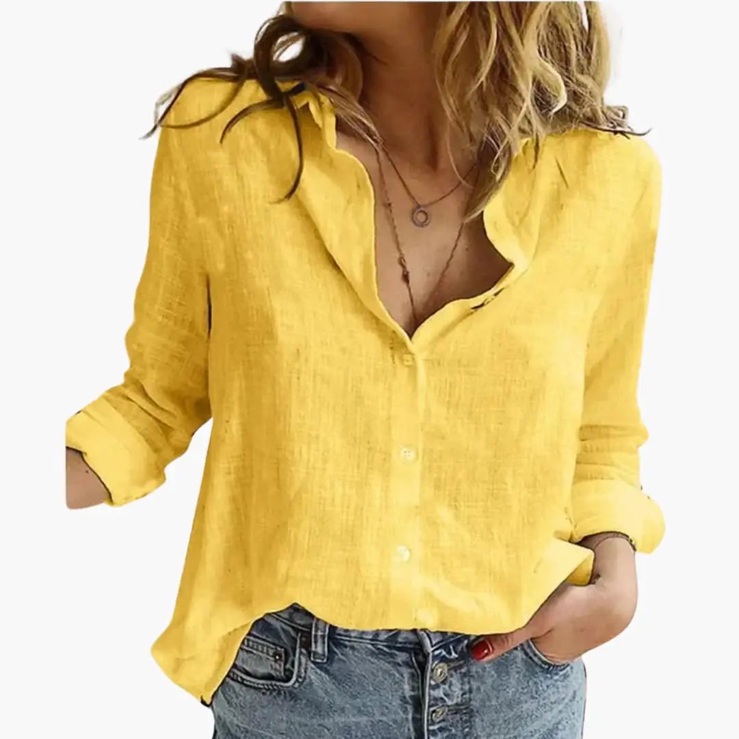 Stylish women's slubbed long sleeve button-up blouse, versatile casual wear.
