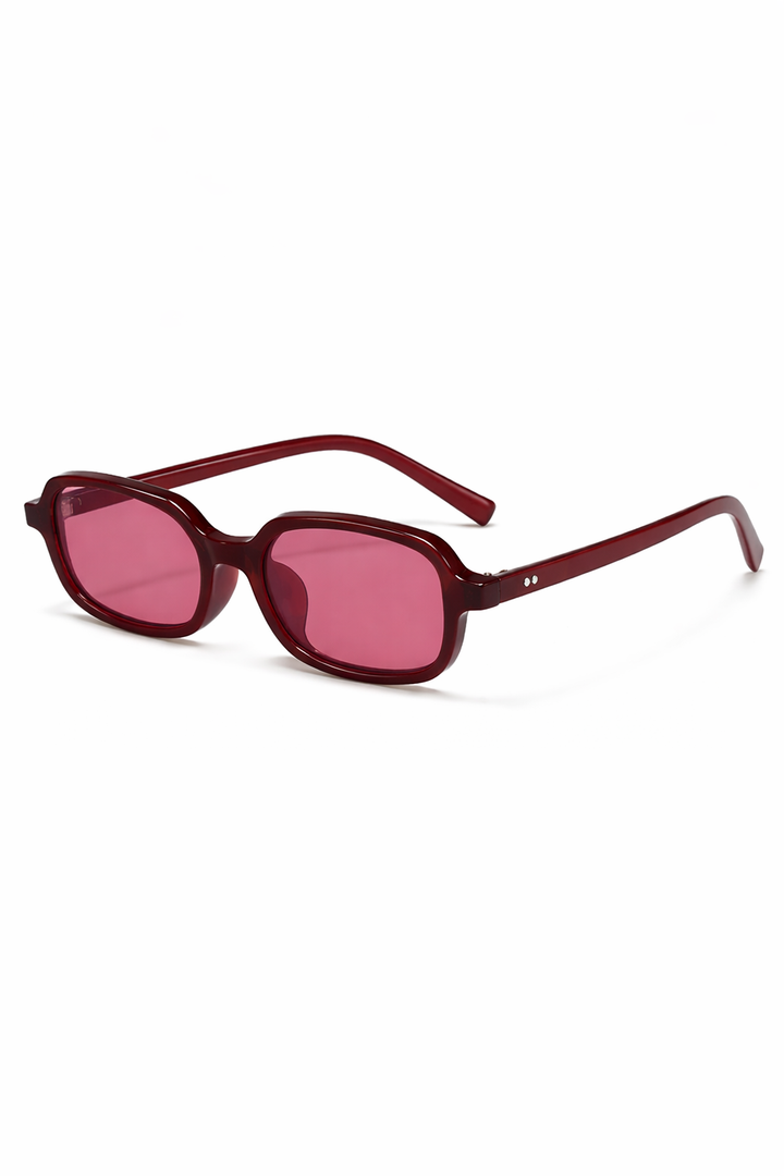 Designer women's small narrow rectangle tinted retro sunglasses. A stylish and modern eyewear statement.
