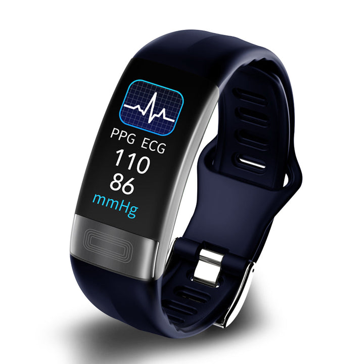 Women's activity tracker watch displaying ECG readings and blood pressure data.