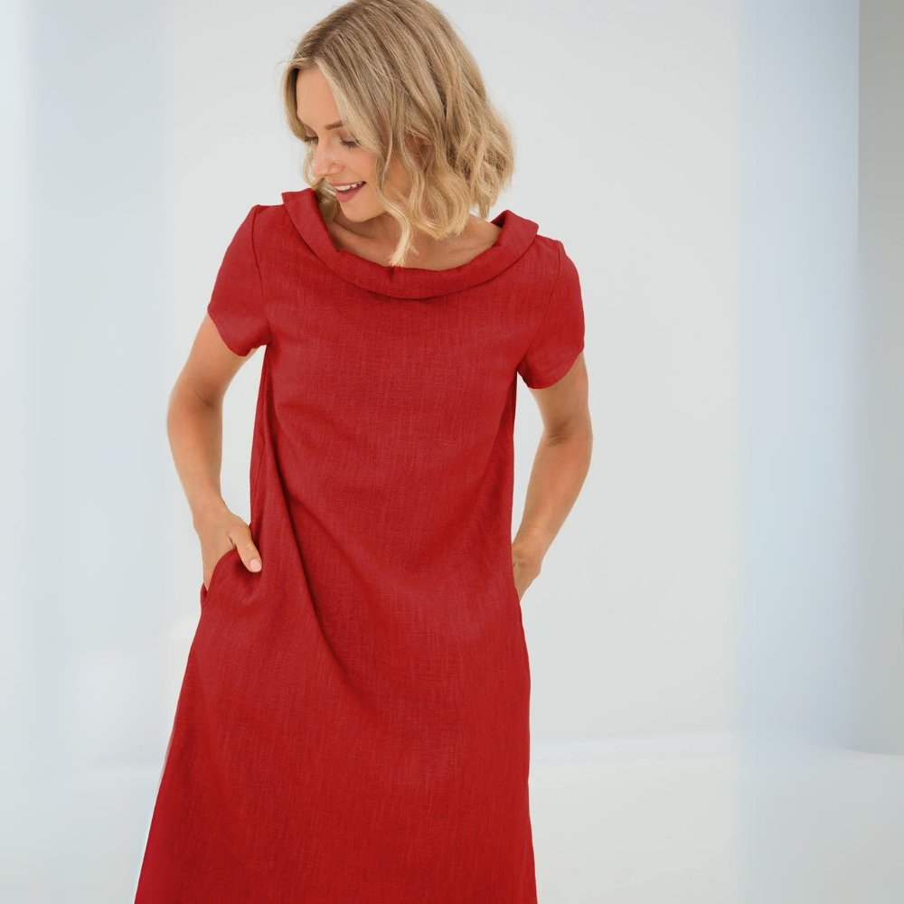 Women's Sofia linen summer dress, featuring short sleeves and midi cut.