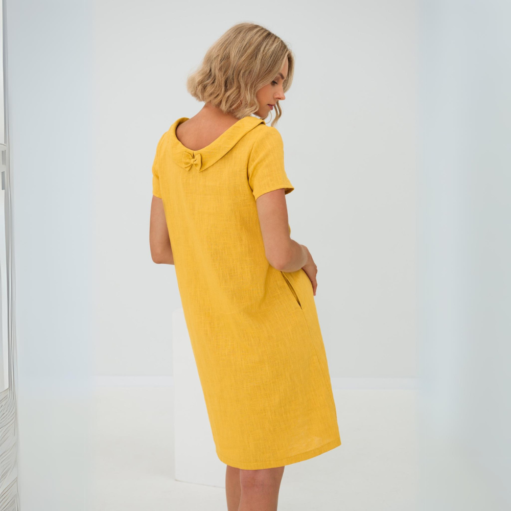 Lightweight Sofia linen summer dress, short sleeve, midi length for comfort.