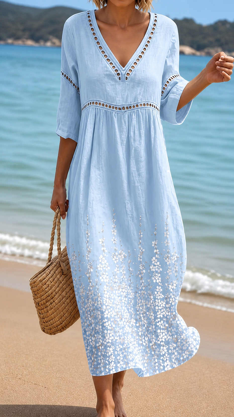 Women's soft blue summer midi dress with flowing fabric for effortless, comfortable warm-weather style.