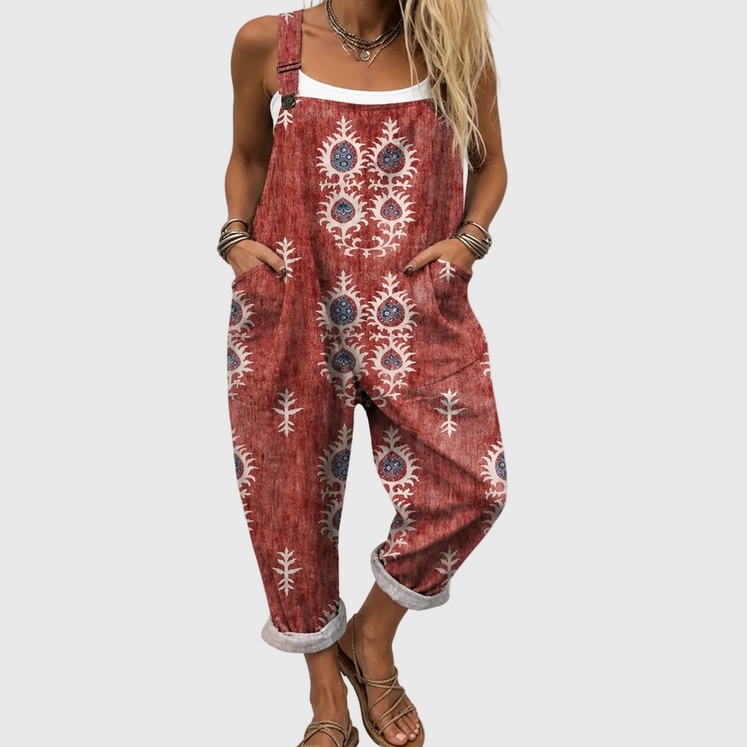 Women's soft boho elegant jumpsuit in terracotta with a relaxed fit. Comfortable patterned strappy jumpsuit for summer casual wear.