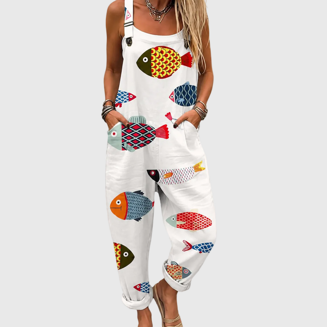 Women's soft, colorful fish print jumpsuit for summer. Relaxed fit, perfect for casual wear & vacation. Marine style.