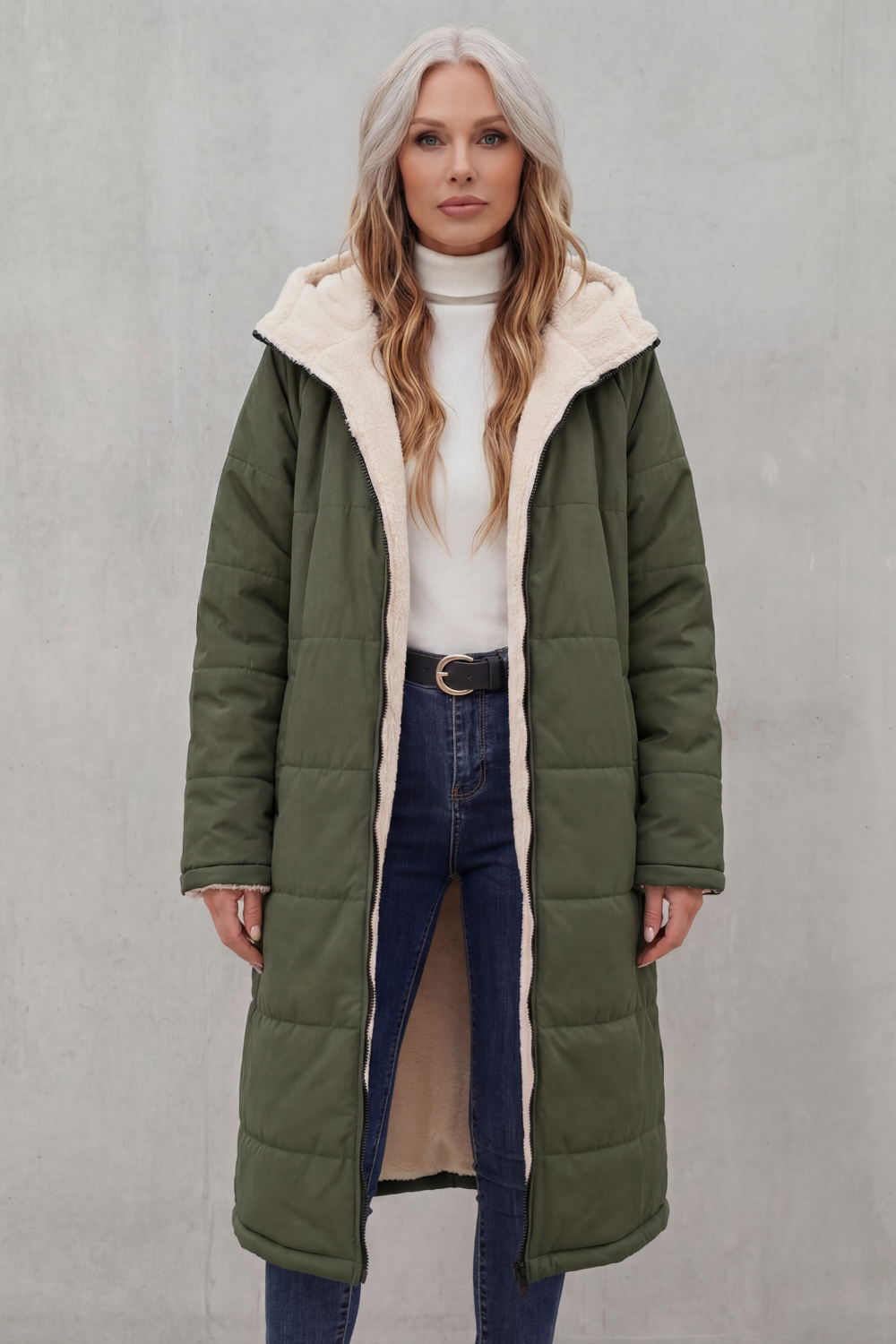 Stylish women's cozy coat. Soft, warm, comfortable everyday outerwear for cold weather fashion.