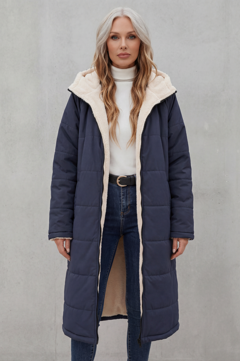 Dark blue women's cozy coat. Warm & comfortable outerwear for everyday winter style.