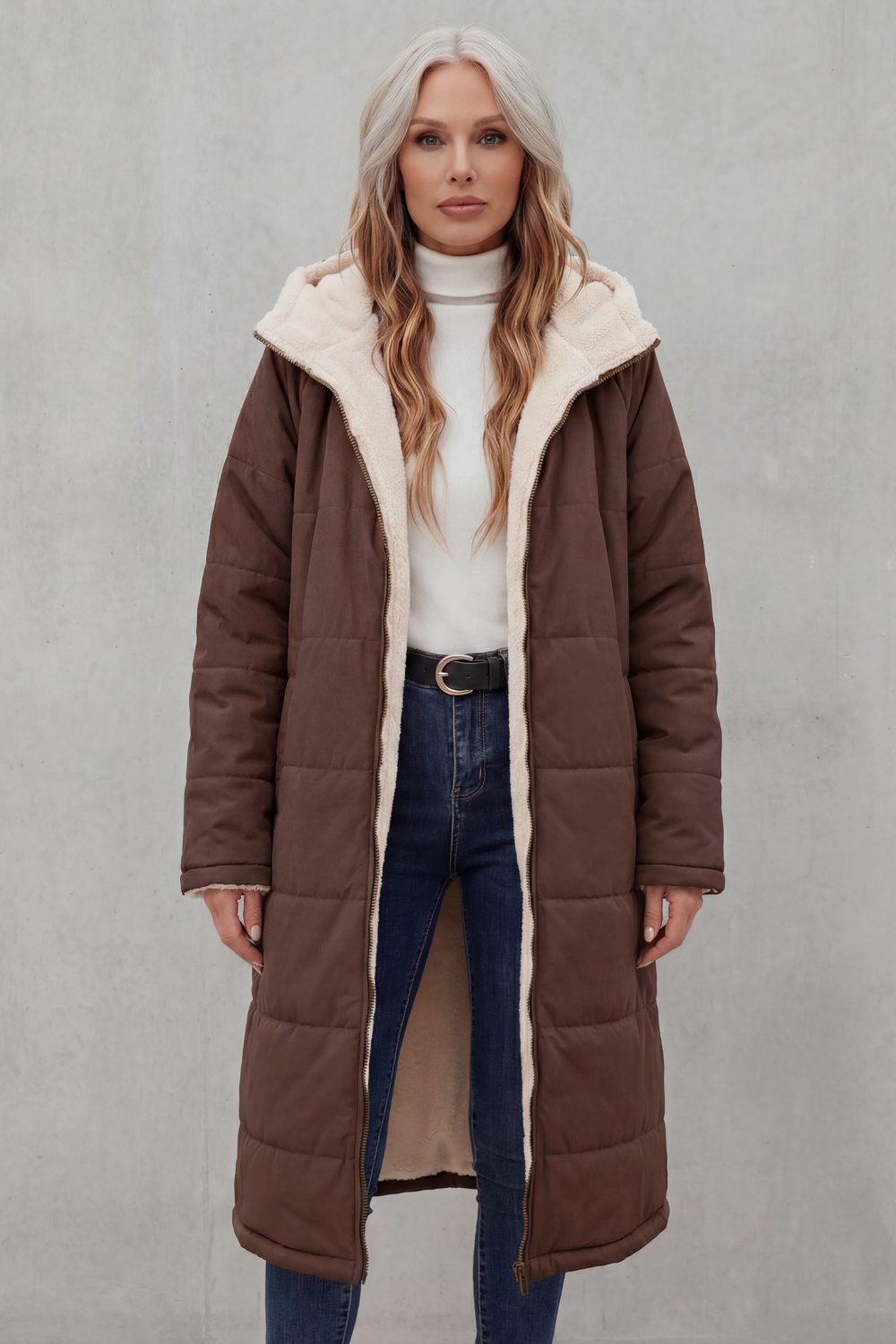 Women's casual cozy coat. Soft, warm, comfortable everyday outerwear for winter essential style.