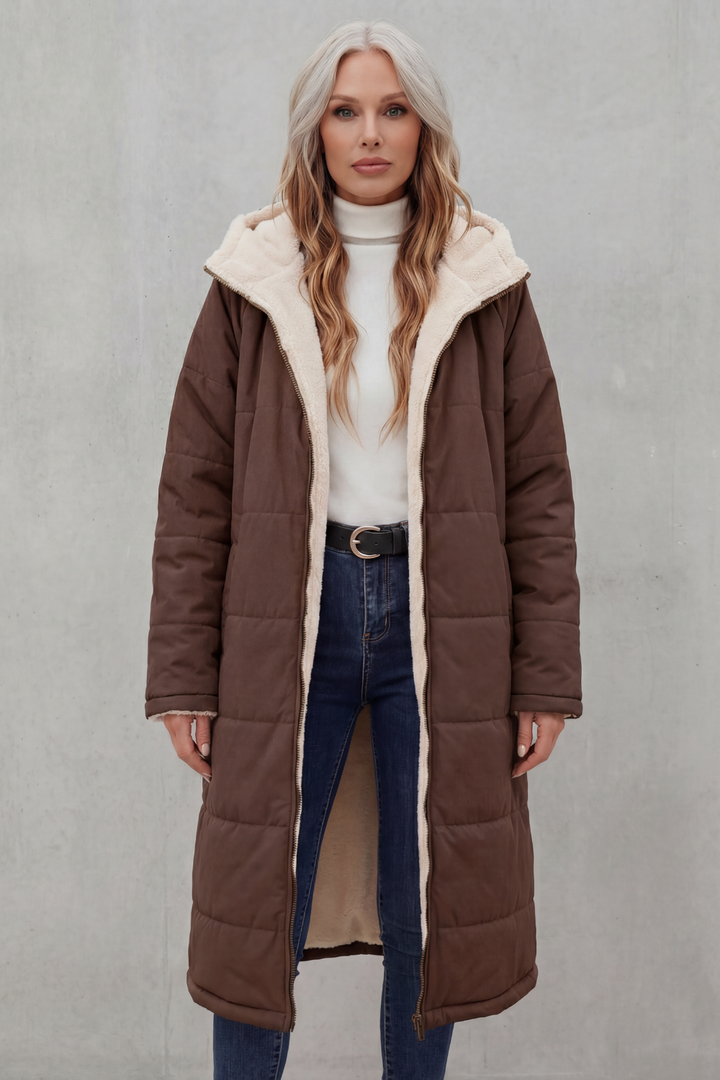 Women's casual cozy coat. Soft, warm, comfortable everyday outerwear for winter essential style.