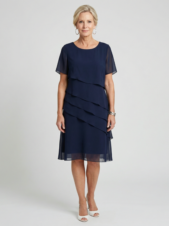 Women's soft contour knee length dress, relaxed fit, short sleeve, round neck for effortless style.
