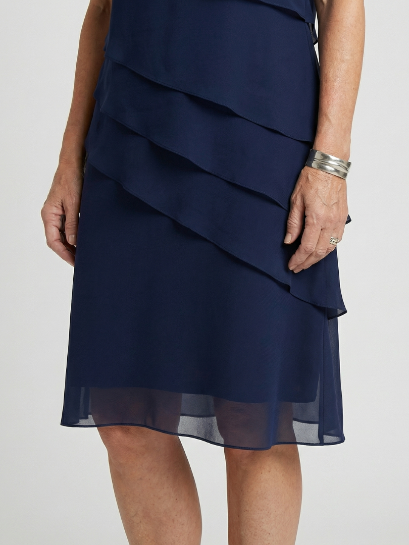 Versatile women's knee length contour dress with short sleeves & round neck, perfect for casual chic.