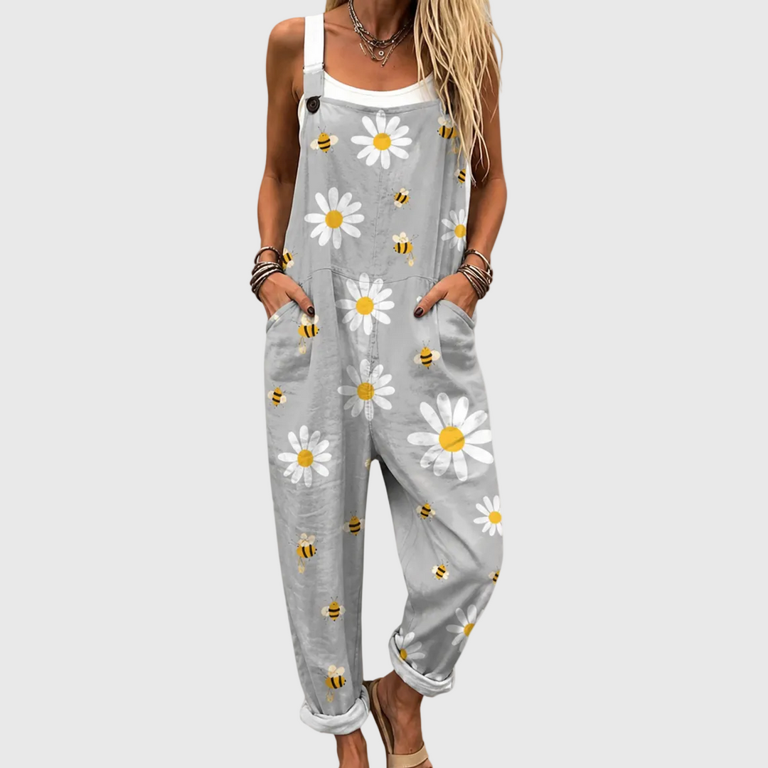 Women's soft daisy & bee print dungarees, a comfortable, lightweight casual floral summer jumpsuit with adjustable straps.