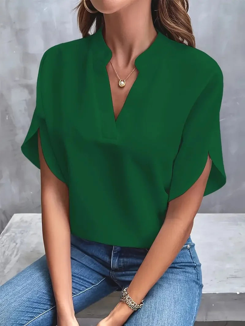 Elegant women's soft V-neck blouse, a versatile top for chic casual and office outfits.