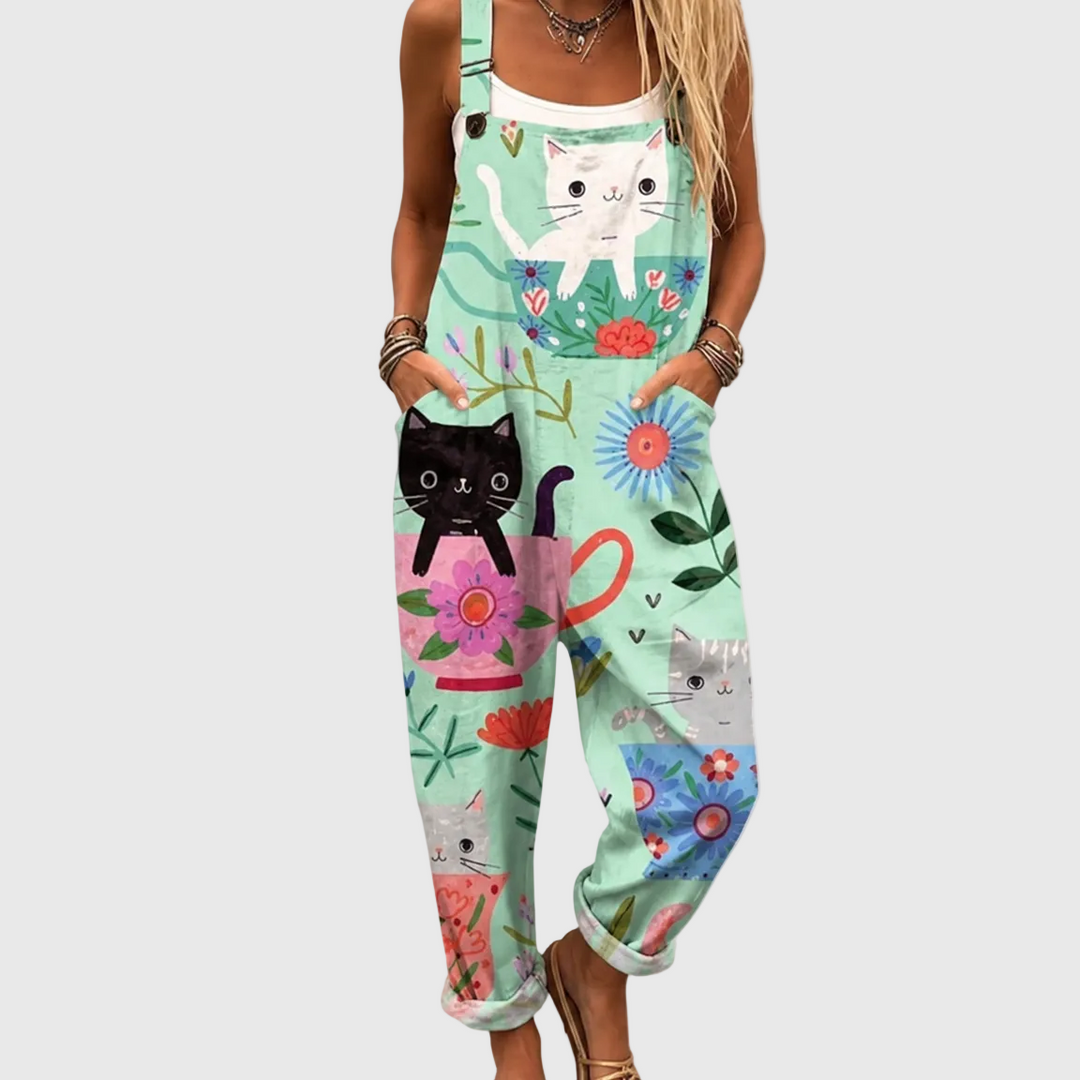 Women's soft floral cat print jumpsuit. Comfortable, loose-fit casual wear, perfect for summer fashion or loungewear.