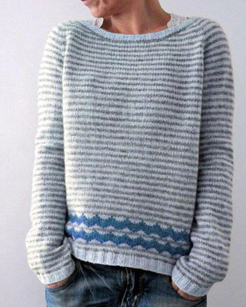 Women's soft gray Nordic comfort sweater with zigzag pattern. Ideal for casual wear & winter fashion.