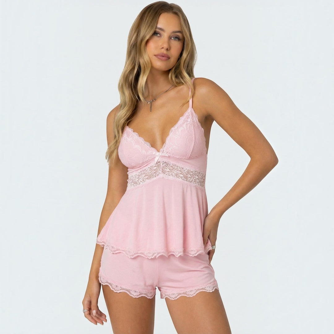 Women's soft lace cami sleepwear set with comfort shorts for relaxed lounging & sleep.