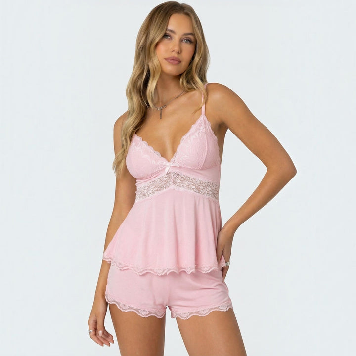Women's soft lace cami sleepwear set with comfort shorts for relaxed lounging & sleep.