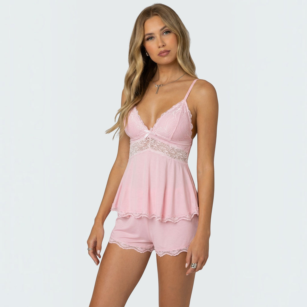 Elegant women's lace camisole & shorts sleepwear set, perfect for soft, comfortable nightwear.