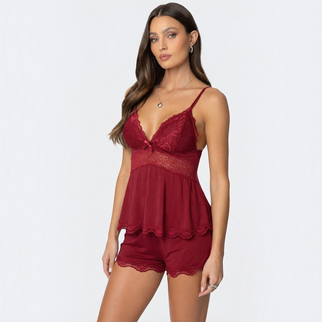 Soft women's cami & shorts sleepwear set, ideal intimate apparel with elegant lace details.