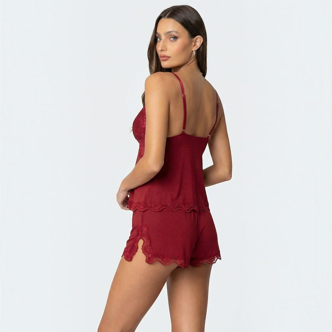 Full view of a women's relaxed fit lace camisole & comfort shorts lounge set, super soft fabric.
