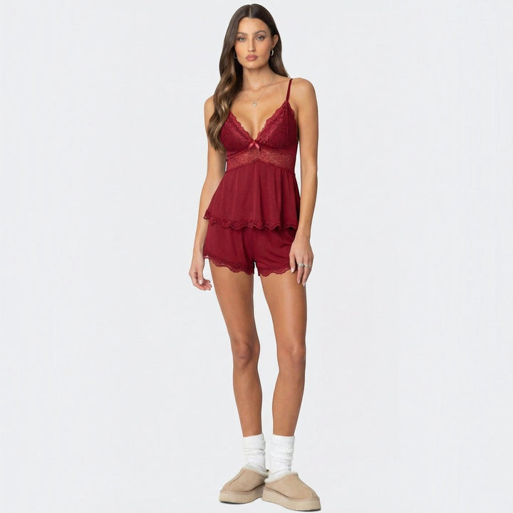 Women's sleepwear set: soft lace cami top and comfy shorts, perfect as a thoughtful gift for her.