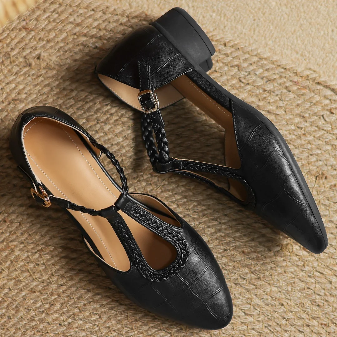 Modern vintage soft leather Mary Janes for women, low heel comfort & T-strap detail.