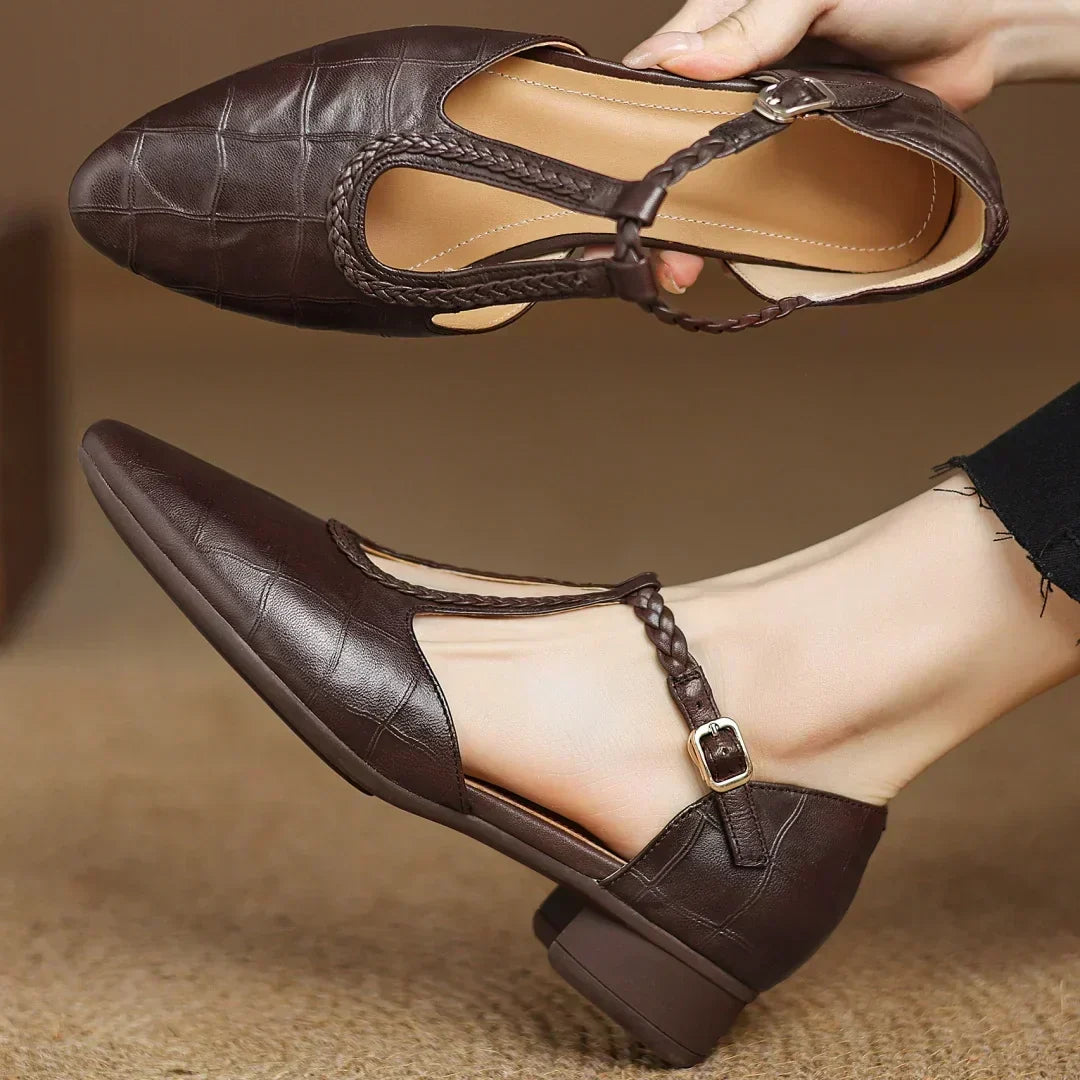 Vintage style women's T-strap Mary Janes, featuring soft leather & a comfortable low heel.