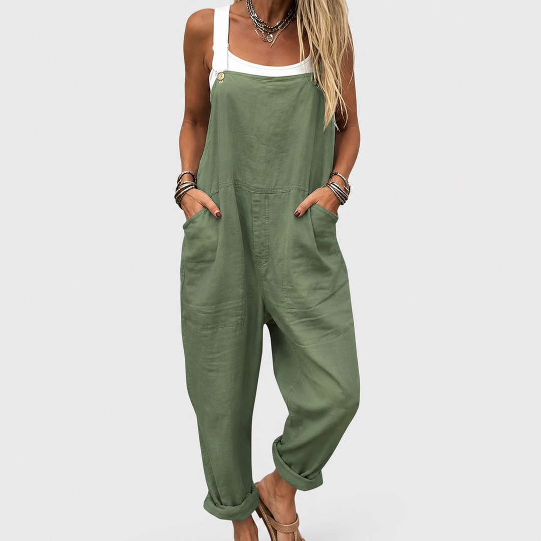 Women's soft olive green casual jumpsuit, relaxed fit for everyday comfort, versatile spring/summer fashion.