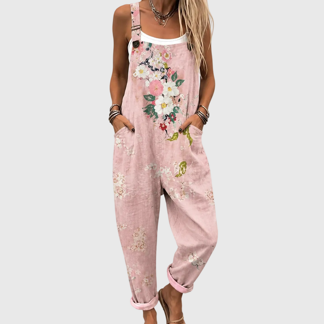 Women's soft pink floral overalls, comfortable and stylish for summer & spring casual wear. Relaxed fit.