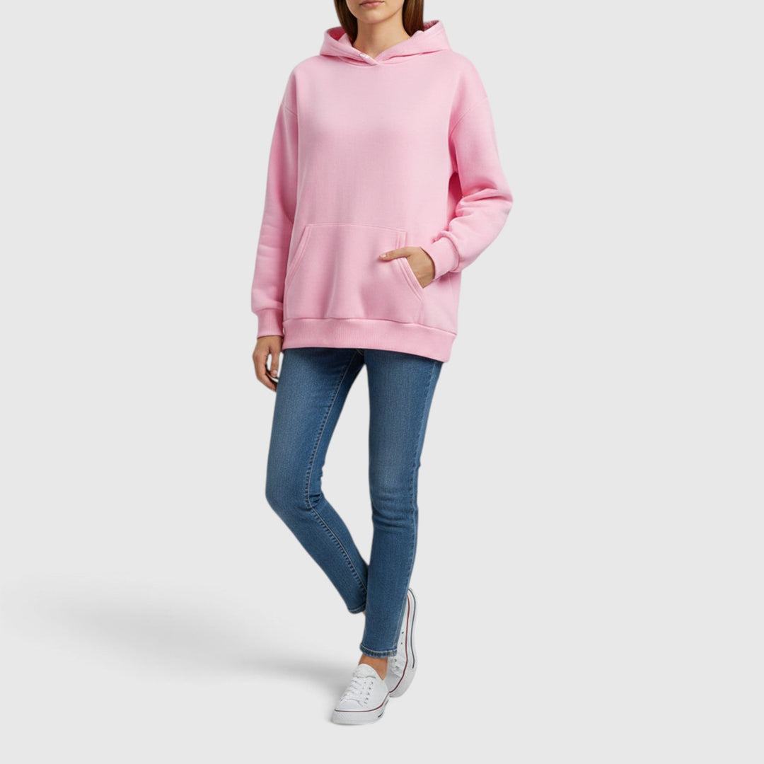 Comfortable women's hooded sweatshirt with a relaxed fit & kangaroo pocket, ideal for cozy wear.