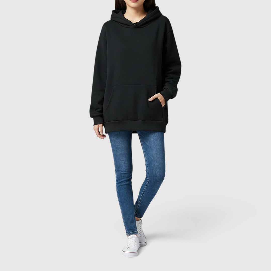Soft fabric women's pullover hoodie, showcasing a spacious kangaroo pocket & relaxed fit.