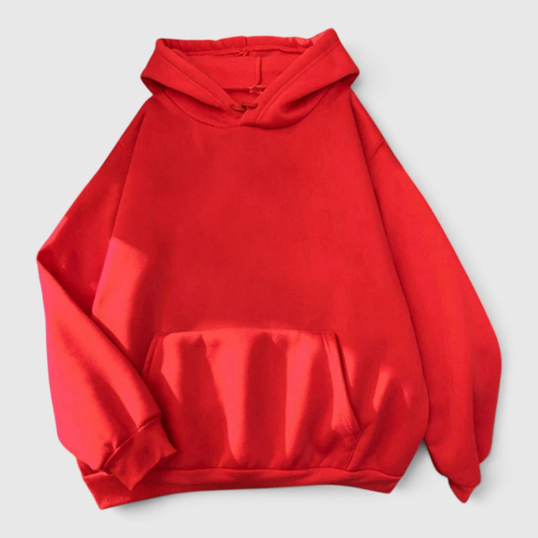 Front view of a women's cozy hooded sweatshirt with a kangaroo pocket, perfect for casual wear.