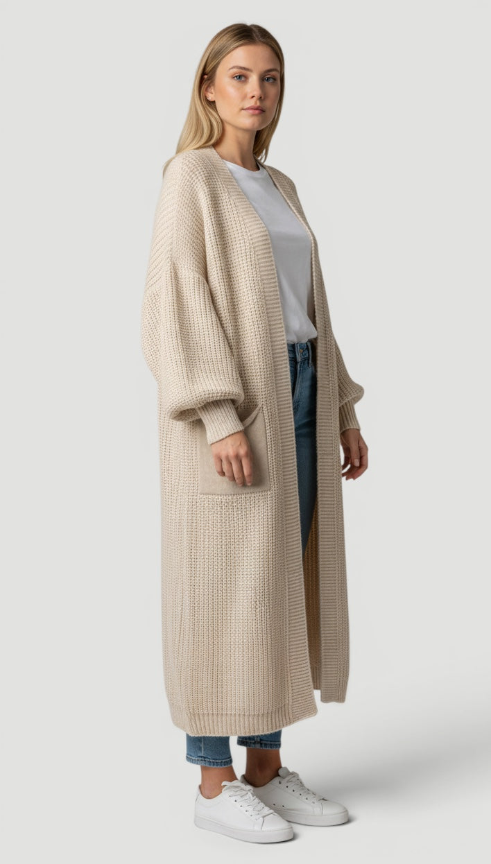Versatile women's soft sand bell sleeve cardigan. Elegant longline sweater for chic fall layering & style.