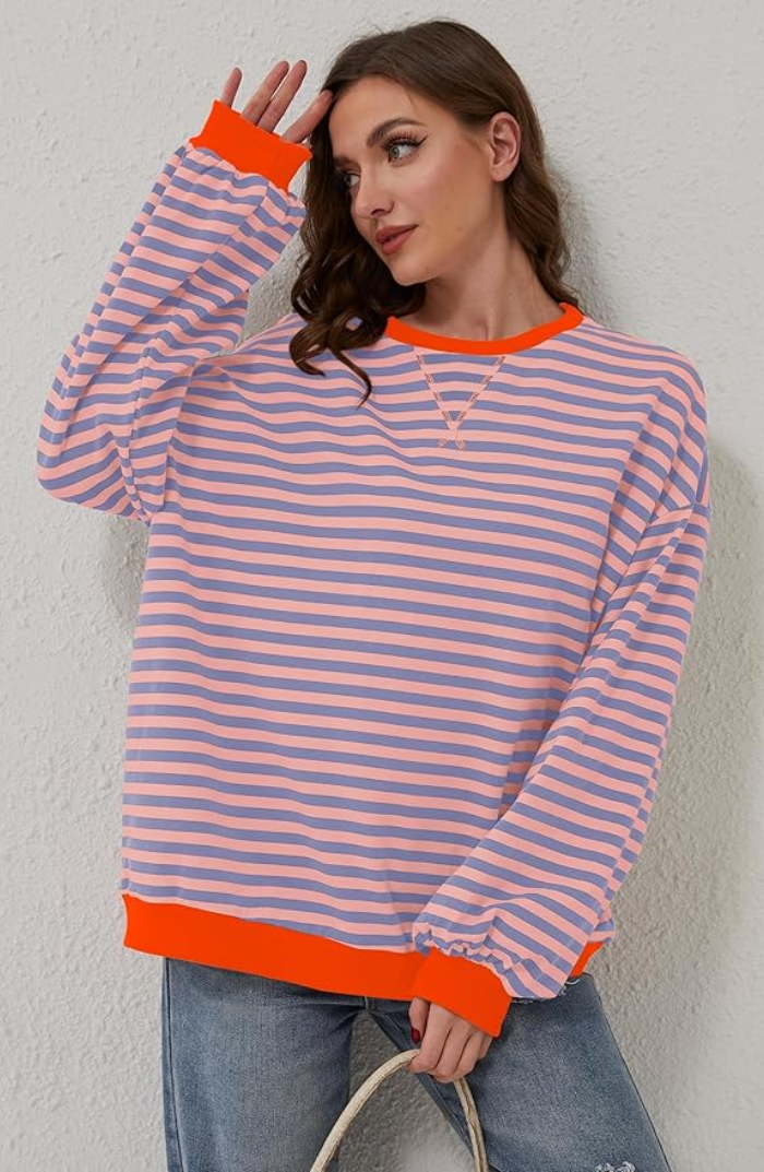 Chic women's striped crewneck pullover, ideal for fall & winter fashion.