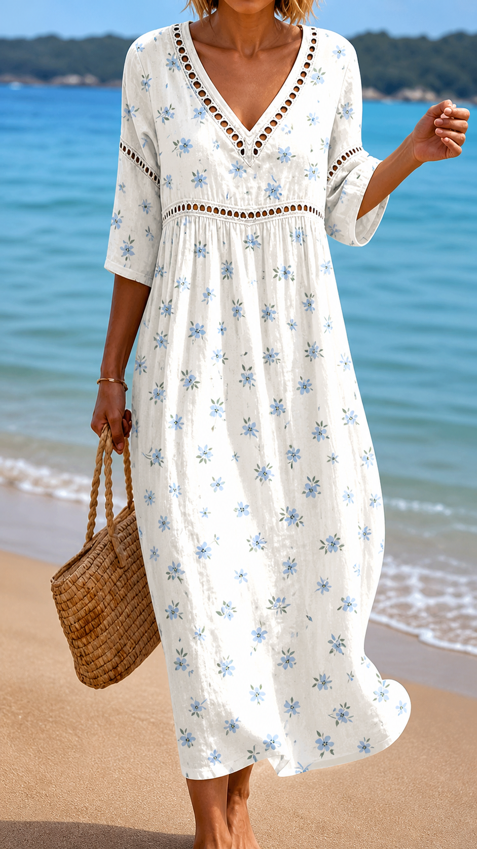Women's soft summer midi dress featuring a blue floral print, comfortable, flowy & flattering for casual elegant style.