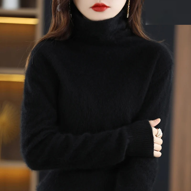 Chic women's multi-color turtleneck top, perfect for warm and comfortable casual fashion.