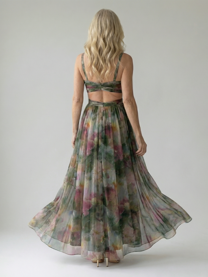 Women's elegant maxi wrap dress, sleeveless with a flattering V-neck, designed for comfortable wear.