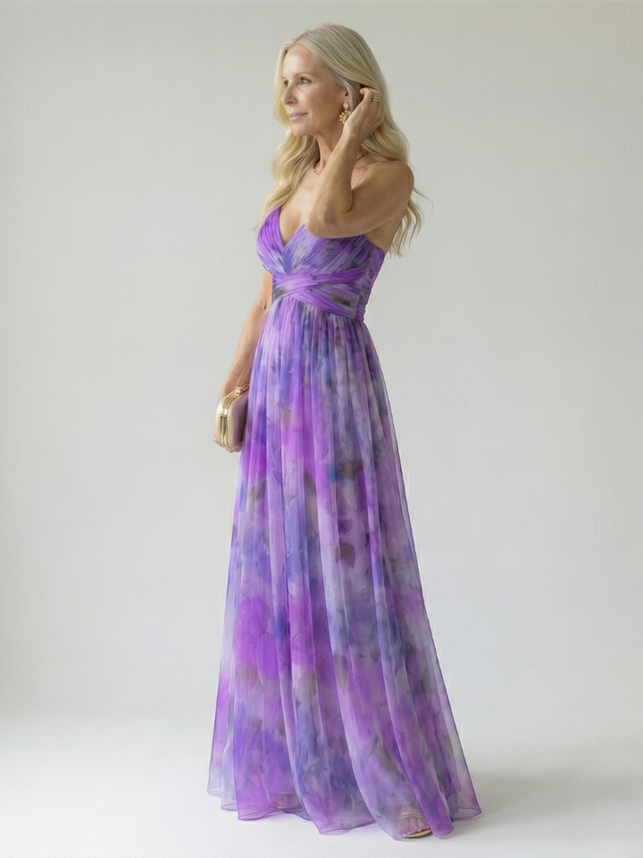 Women's vacation wrap maxi dress with a V-neck, sleeveless and flowing for a relaxed, stylish look.