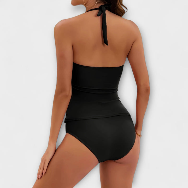 Versatile solid halter two-piece swimsuit for women, perfect for various summer beach & poolside styles.
