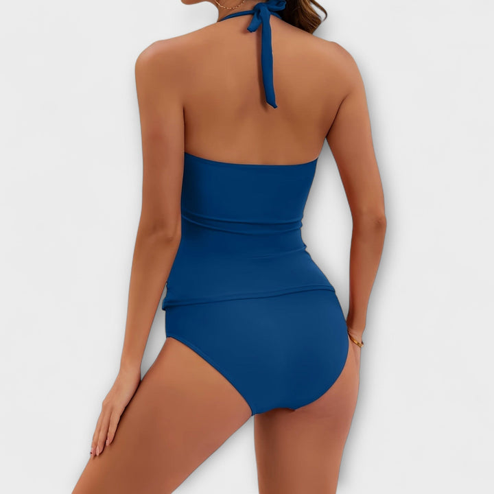 Solid halter two-piece women's bikini, offering supportive and elegant swimwear for summer beach fashion.